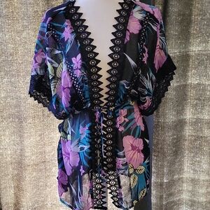 Miken Swimwear Cover-Up with Multicolor Floral Design Open Tie Front Sz XS $15